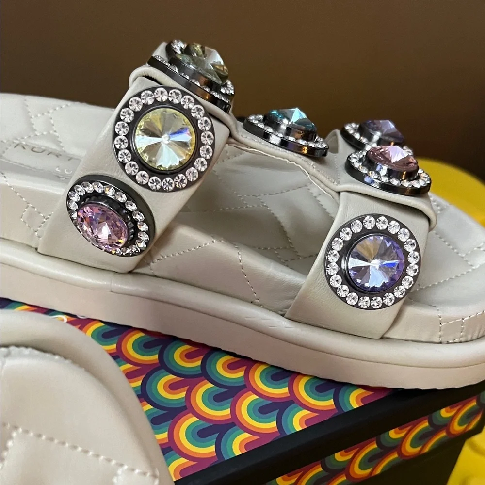Kurt Geiger Orson Jeweled Sandal in Bone Combination Leather Sz 7 - Picture 5 of 16